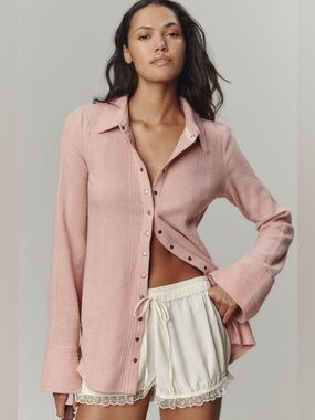 Pilcro Anthropologie Pink Snap Button Ribbed Knit Top Collared Long Sleeve L
